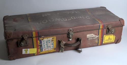 Derek Leslie Underwood. Kent & England 1963-1987. Two cricket coffins, one in brown decorated in M.C.C./ England colours with &lsquo;D. Underwood M.C.C. Team&rsquo; stencilled to lid. Luggage identity tag attached to handle with Underwood&rsquo;s name &lsquo;c/o International Wa