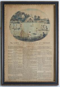 &lsquo;The Laws of the Noble Game of Cricket&rsquo;. Printed laws sheet with mono engraving of an early cricket scene, published by John Wallis, 13 Warwick Street London, printed by L. Binns, London, 17th September 1785. The printed broadsheet setting out the laws of