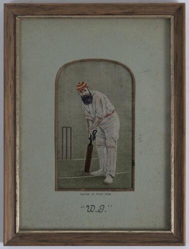 &lsquo;W.G.&rsquo;. Original Stevengraph of W.G. Grace wearing M.C.C. cap and standing in batting pose at the wicket, miniature picture woven in silk. Produced in 1895 on the occasion of Grace making his hundredth hundred. In window mount, framed and glazed. Overall 