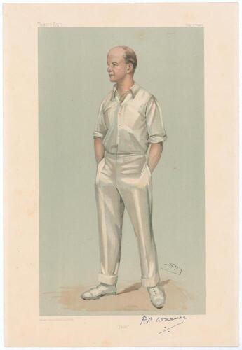 Pelham Francis Warner, Middlesex & England 1894-1929. Signed Vanity Fair colour chromolithograph of Warner. &lsquo;Plum&rsquo;. September 3rd 1903 by SPY. Nicely signed by Warner in blue ink to lower right border. Good condition. 10.5&rdquo;x15.5&rdquo;. Rare in this signed form