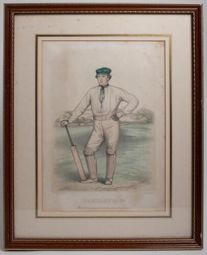 Frederick Peel Miller. Surrey 1851-1867. &lsquo;F.P. Miller Esq&rsquo;. Large hand coloured tinted lithograph by John Corbett Anderson of Miller in blue cap and cricket attire on the cricket pitch leaning on a bat. Published by Frederick Lillywhite, May 1856, printed