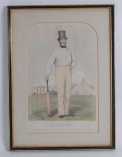 Joseph Guy. Nottinghamshire 1837-1854. &lsquo;Joseph Guy of Nottingham&rsquo;. Early large hand coloured tinted lithograph of Joseph Guy in cricket attire and top hat holding a cricket bat to his right hand side. John Corbett Anderson. Published by John Corbett Ander