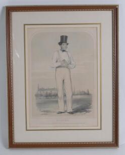 William Hillyer. Kent & All England 1835-1853. &lsquo;Hillyer&rsquo;. Sketches at Lord&rsquo;s No 3. Large original sepia lithograph of Hillyer in cricket attire holding a cricket ball, wearing a top hat with large house and other cricketers to the background. Published by