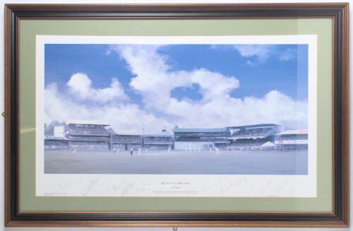 &lsquo;Moment in History&rsquo;. Jack Russell 1995. &lsquo;England&rsquo;s historic win in Barbados 1994&rsquo;. Jack Russell 1995. Large colour limited edition print no. 177/350 of play in the Test showing England taking the last wicket to beat the West Indies for the first time in B
