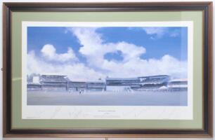 &lsquo;Moment in History&rsquo;. Jack Russell 1995. &lsquo;England&rsquo;s historic win in Barbados 1994&rsquo;. Jack Russell 1995. Large colour limited edition print no. 177/350 of play in the Test showing England taking the last wicket to beat the West Indies for the first time in B