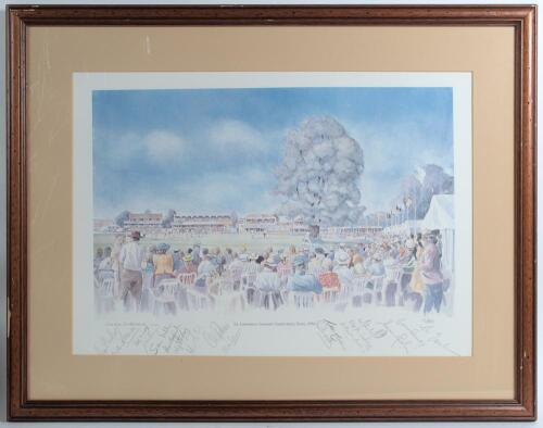 &lsquo;St. Lawrence Ground, Canterbury, Kent, 1996&rsquo;. Large colour limited edition print of the St. Lawrence Ground, Canterbury, by Hugh Cushing. A large crowd in attendance with the famous tree prominent. Limited edition no. 13/850. Signed to the lower border i
