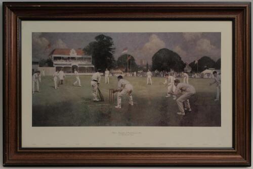 &lsquo;Kent v Lancashire at Canterbury 1906&rsquo;. Albert Chevallier Tayler. Large colour print of the famous painting of Colin Blythe bowling to Tyldesley with the attacking fielders around the bat. Printed title to lower border &lsquo;The Kent Eleven. Champions 1906&rsquo;, w