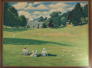 &lsquo;Cockington Court, Manor House, Devon&rsquo;. Extremely large and impressive original oil painting on canvas by artist Gerry Wright, comprising a wide panoramic full study looking up to Cockington Manor with a cricket match in progress to centre with avenues of