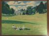 &lsquo;Cockington Court, Manor House, Devon&rsquo;. Extremely large and impressive original oil painting on canvas by artist Gerry Wright, comprising a wide panoramic full study looking up to Cockington Manor with a cricket match in progress to centre with avenues of