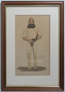William Gilbert Grace. Gloucestershire & England 1865-1908. Original Vanity Fair colour chromolithograph of Grace wearing batting attire and M.C.C. cap entitled &lsquo;Cricket&rsquo; and dated June 9th 1877 by artist SPY. Mounted, framed and glazed, overall 14.5&rdquo;x20.