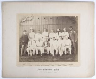 &lsquo;Lord Sheffield&rsquo;s Eleven at Sheffield Park, August 26 & 27, 1881&rsquo;. Early original sepia photograph of Lord Sheffield&rsquo;s team seated and standing in rows wearing cricket attire for the match v A. Shaw&rsquo;s XI, 26th- 27th August 1881. Players featured include E