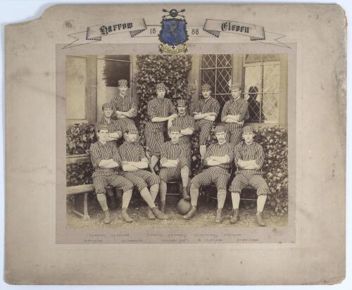 A.C. Maclaren and F.S. Jackson. &lsquo;Harrow [Football] Eleven 1888&rsquo;. Early original sepia photograph of the Harrow School football team seated and standing in rows wearing football attire. The photograph laid to official photographer&rsquo;s mount with hand printed