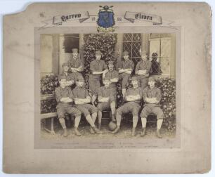 A.C. Maclaren and F.S. Jackson. &lsquo;Harrow [Football] Eleven 1888&rsquo;. Early original sepia photograph of the Harrow School football team seated and standing in rows wearing football attire. The photograph laid to official photographer&rsquo;s mount with hand printed