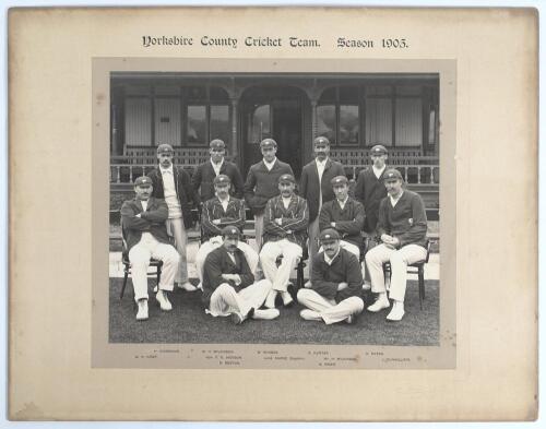 &lsquo;Yorkshire County Cricket Team. Season 1905&rsquo;. Excellent early official mono photograph of the Yorkshire team seated and standing in rows wearing cricket attire, caps and blazers. Players are Lord Hawke (Captain), Jackson, Hirst, H. Wilkinson, Tunnicliffe,