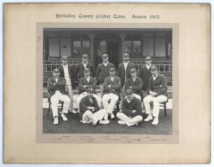 &lsquo;Yorkshire County Cricket Team. Season 1905&rsquo;. Excellent early official mono photograph of the Yorkshire team seated and standing in rows wearing cricket attire, caps and blazers. Players are Lord Hawke (Captain), Jackson, Hirst, H. Wilkinson, Tunnicliffe,