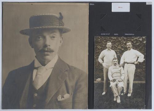 Robert &lsquo;Bobby&rsquo; Abel. Surrey & England 1881-1904. Two excellent images of Abel. One is a studio portrait of Abel, head and shoulders wearing formal attire and a straw boater, laid to tightly trimmed original mount. 9.5&rdquo;x12&rdquo;. The other is of Abel with fello