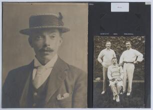 Robert &lsquo;Bobby&rsquo; Abel. Surrey & England 1881-1904. Two excellent images of Abel. One is a studio portrait of Abel, head and shoulders wearing formal attire and a straw boater, laid to tightly trimmed original mount. 9.5&rdquo;x12&rdquo;. The other is of Abel with fello