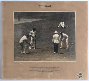 M.C.C. tour of Australia (Bodyline) 1932/33. Large and original mono action photograph from the 2nd Test match played at Melbourne on the 30th December 1932- 3rd January 1933. The photograph, which is laid down to photographer&rsquo;s mount, with handwritten ti
