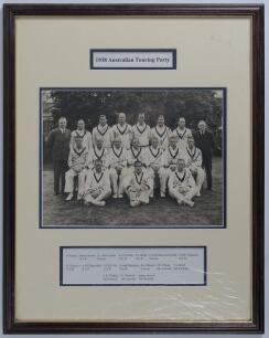 Australian tour to England 1938. Original mono photograph of the Australian touring party seated and standing in rows wearing cricket attire. The photograph nicely signed in black ink by all sixteen players and the manager, Jeanes, seventeen signatures in