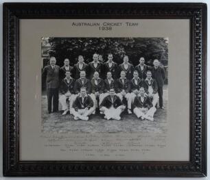 Australian tour of England 1938. &lsquo;Australian Cricket Team 1938&rsquo;. Large official mono photograph of the Australian touring team to England 1938, standing and seated in rows at Lord&rsquo;s, wearing tour blazers and cricket attire. The photograph is laid to offic