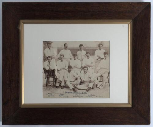 &lsquo;Derbyshire v Australians 1886&rsquo;. Original early sepia photograph of the Derbyshire team seated and standing in rows wearing cricket attire for the tour match v Australians at the County Ground, Derby, 7th & 8th June 1886. The photograph with handwritten t