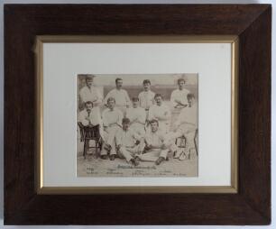 &lsquo;Derbyshire v Australians 1886&rsquo;. Original early sepia photograph of the Derbyshire team seated and standing in rows wearing cricket attire for the tour match v Australians at the County Ground, Derby, 7th & 8th June 1886. The photograph with handwritten t
