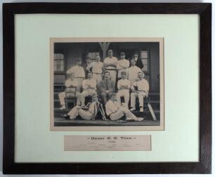 Derbyshire C.C.C. 1894. Early original sepia photograph of the Derbyshire team seated and standing in rows wearing cricket attire on the steps of the pavilion. Printed title and players&rsquo; names below. Players are Evershed (Captain), Marsden, Walker, Wright
