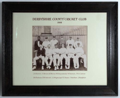 Derbyshire C.C.C. 1906. Early original sepia photograph of the Derbyshire team seated and standing in rows wearing cricket attire in front of a pavilion. The photograph measures approx. 12&rdquo;x10&rdquo;, mounted, framed and glazed with handprinted title and player
