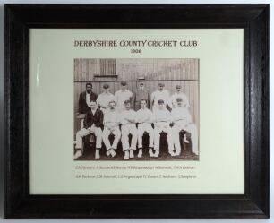 Derbyshire C.C.C. 1906. Early original sepia photograph of the Derbyshire team seated and standing in rows wearing cricket attire in front of a pavilion. The photograph measures approx. 12&rdquo;x10&rdquo;, mounted, framed and glazed with handprinted title and player