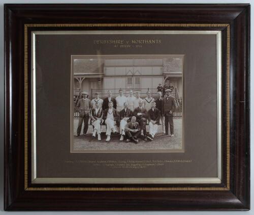 Derbyshire v Northamptonshire 1914. Original sepia photograph of the Derbyshire team and umpires seated and standing in rows wearing cricket attire in front of the pavilion for the drawn match played at Derby, 20th- 23rd June 1914. The photograph measures