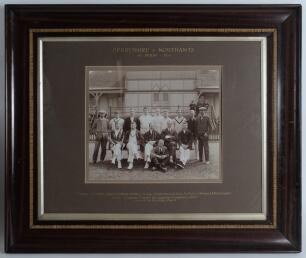 Derbyshire v Northamptonshire 1914. Original sepia photograph of the Derbyshire team and umpires seated and standing in rows wearing cricket attire in front of the pavilion for the drawn match played at Derby, 20th- 23rd June 1914. The photograph measures