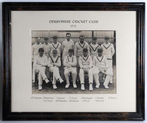 &lsquo;Derbyshire Cricket Club 1928&rsquo;. Large original mono photograph of the Derbyshire team seated and standing in rows wearing cricket attire. The photograph measures approx. 15&rdquo;x11.5&rdquo;, framed and glazed with handprinted title and players&rsquo; names to mount. Over