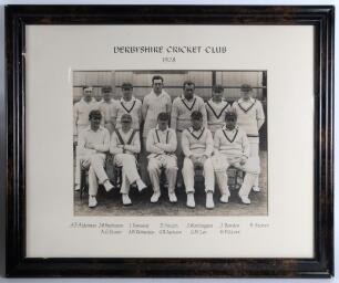 &lsquo;Derbyshire Cricket Club 1928&rsquo;. Large original mono photograph of the Derbyshire team seated and standing in rows wearing cricket attire. The photograph measures approx. 15&rdquo;x11.5&rdquo;, framed and glazed with handprinted title and players&rsquo; names to mount. Over