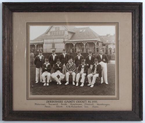&lsquo;Derbyshire County Cricket XI 1931&rsquo;. Original sepia photograph of the Derbyshire team seated and standing in rows wearing cricket attire, caps and blazers. The photograph measures approx. 11.5&rdquo;x9.5&rdquo;, laid to official photographer&rsquo;s mount, framed and glaze