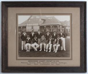 &lsquo;Derbyshire County Cricket XI 1931&rsquo;. Original sepia photograph of the Derbyshire team seated and standing in rows wearing cricket attire, caps and blazers. The photograph measures approx. 11.5&rdquo;x9.5&rdquo;, laid to official photographer&rsquo;s mount, framed and glaze