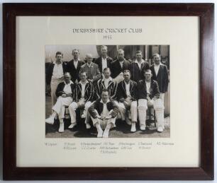 &lsquo;Derbyshire Cricket Club 1933&rsquo;. Large original mono photograph of the Derbyshire team seated and standing in rows wearing cricket attire and blazers. The photograph measures approx. 15&rdquo;x11.5&rdquo;, mounted, framed and glazed with handprinted title and players&rsquo;