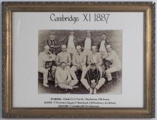 &lsquo;Cambridge [University] XI 1887&rsquo;. Early original sepia photograph of the Cambridge University team seated and standing in rows wearing cricket attire and blazers. Notable players include the captain, Frank Marchant (Kent 1883-1905), F. Thomas (Sussex 1886
