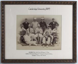 &lsquo;Cambridge University 1889&rsquo;. Early original sepia photograph of the Cambridge University team seated and standing in rows wearing cricket attire, caps and blazers. Notable players include the captain, F.G.J. Ford (Middlesex & England 1886-1899), E.M. Butl