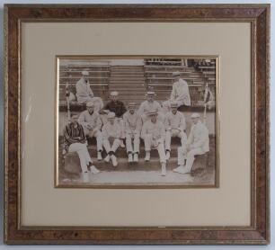 Cambridge University 1898. Early original sepia photograph of the Cambridge University team seated in rows on the steps of a pavilion, apparently at Aigburth, Liverpool, wearing cricket attire, blazers and assorted headgear. Notable players include the ca