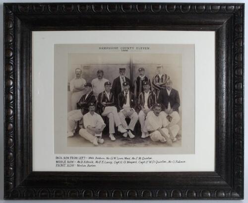 &lsquo;Hampshire County Eleven 1896&rsquo;. Large early original sepia photograph of the Hampshire team seated and standing in rows wearing cricket attire, caps and blazers. Players are E.G. Wynyard (Captain), Steele, Lacey, Quinton, Robson, Webb, Baldwin, Ward, Quin