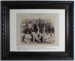 &lsquo;Hampshire County Eleven 1896&rsquo;. Large early original sepia photograph of the Hampshire team seated and standing in rows wearing cricket attire, caps and blazers. Players are E.G. Wynyard (Captain), Steele, Lacey, Quinton, Robson, Webb, Baldwin, Ward, Quin