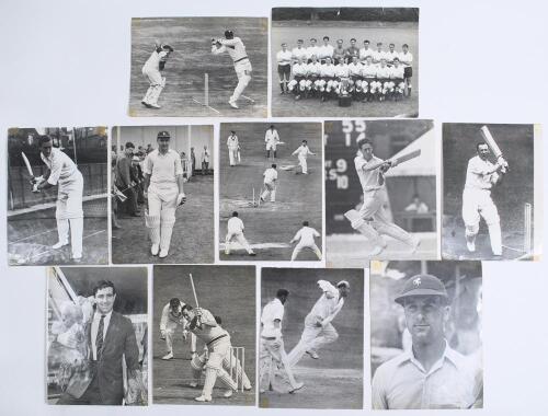 Cricket press photographs c.1950s. A selection of seventeen original mono press photographs. Subjects include Fred Trueman dismissing McDonald of Australia, Leeds 1956. Garry Sobers of West Indies playing a pull shot with Godfrey Evans keeping wicket at L