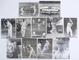 Cricket press photographs c.1950s. A selection of seventeen original mono press photographs. Subjects include Fred Trueman dismissing McDonald of Australia, Leeds 1956. Garry Sobers of West Indies playing a pull shot with Godfrey Evans keeping wicket at L