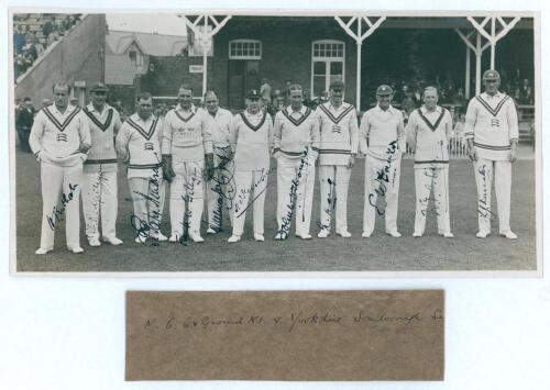 M.C.C. v Yorkshire, Scarborough 1928. Original mono photograph depicting the M.C.C. team lined up in front of the pavilion at Scarborough with crowds in the background for the match played 1st- 4th September 1928. The photographs fully signed in black ink
