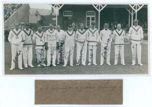 M.C.C. v Yorkshire, Scarborough 1928. Original mono photograph depicting the M.C.C. team lined up in front of the pavilion at Scarborough with crowds in the background for the match played 1st- 4th September 1928. The photographs fully signed in black ink