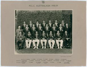 M.C.C. tour to Australia 1958/59. Official mono photograph of the M.C.C. touring party seated and standing in rows wearing tour blazers. The photograph by Allan Studios, Collingwood (Melbourne) measures 10&rdquo;x7.5&rdquo;, laid to official photographer&rsquo;s mount with