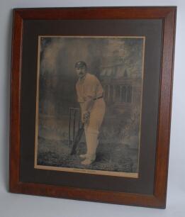 George Herbert Hirst. Yorkshire & England 1891-1929. Large and impressive mono studio photographic portrait of Hirst, full length, in batting pose wearing Yorkshire cap. Printed by H. Lindley & Co, Nottingham. Mounted, framed and glazed, overall 23&rdquo;x29&rdquo;. 