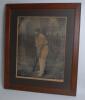 George Herbert Hirst. Yorkshire & England 1891-1929. Large and impressive mono studio photographic portrait of Hirst, full length, in batting pose wearing Yorkshire cap. Printed by H. Lindley & Co, Nottingham. Mounted, framed and glazed, overall 23&rdquo;x29&rdquo;. 