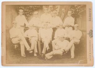 Harrow XI 1884. Early original sepia cabinet card photograph of the Harrow team seated and standing in rows wearing cricket attire and caps. Players&rsquo; names neatly annotated in black ink to verso. Players featured who went on to play first-class cricket ar