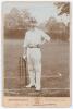 Edward Mark Sprot. Hampshire 1898-1914. Original sepia cabinet card photograph of Sprot, full length in batting attire and Hampshire cap, stood at the wicket. Name printed to lower edge of photograph. E. Hawkins & Co. of Brighton. Card measures 4.25&rdquo;x6.25